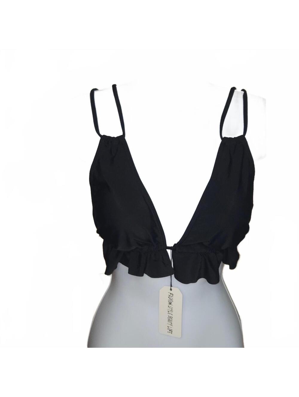 Black Ruffled Crop Top with Double Straps and Tie Back